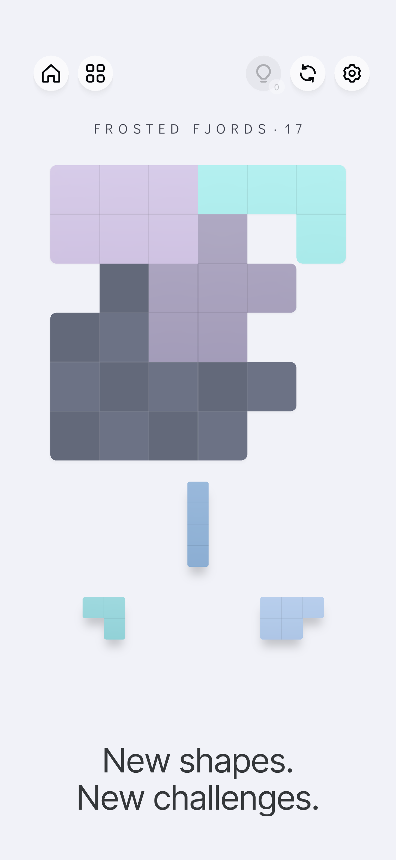 A cool blue Oddly Fit puzzle with three pieces below the board